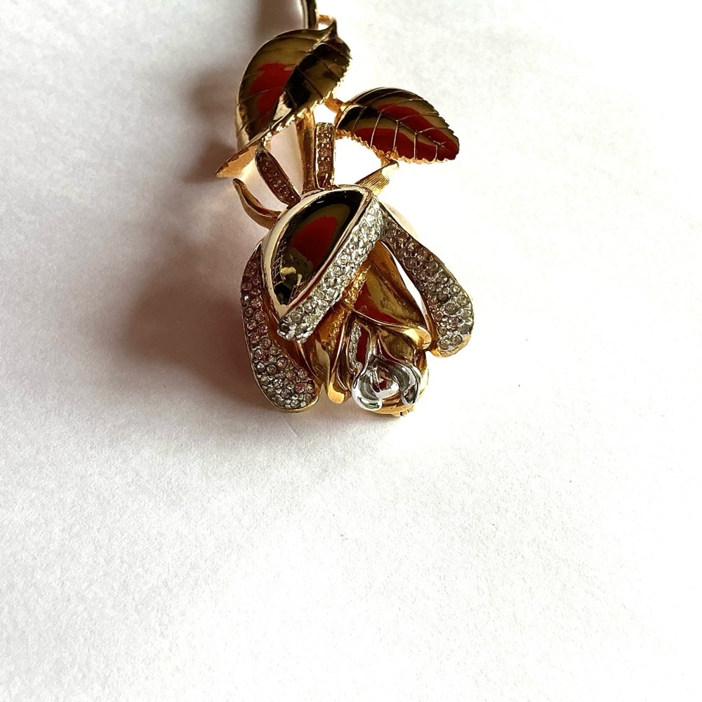 Vintage Piscittelli Elegant Gold and Pave Rhinestone Rose Brooch